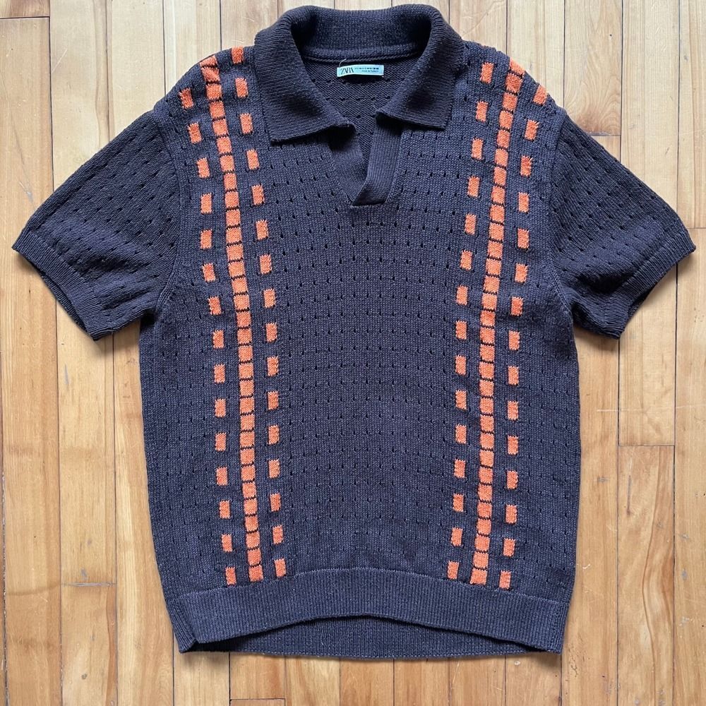 Zara Men Medium Knit Polo Shirt Dark Brown Orange Stripe Short Sleeve Collared